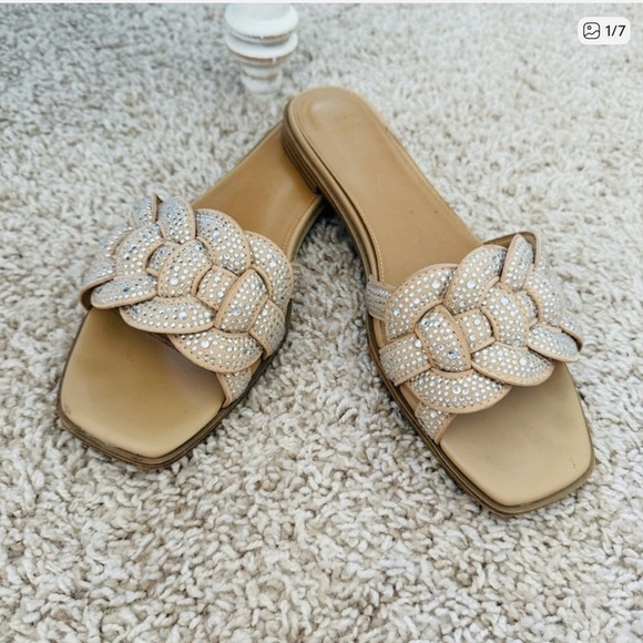 a new day Shoes - Elegant Tan Slide Sandals with Rhinestone Accents